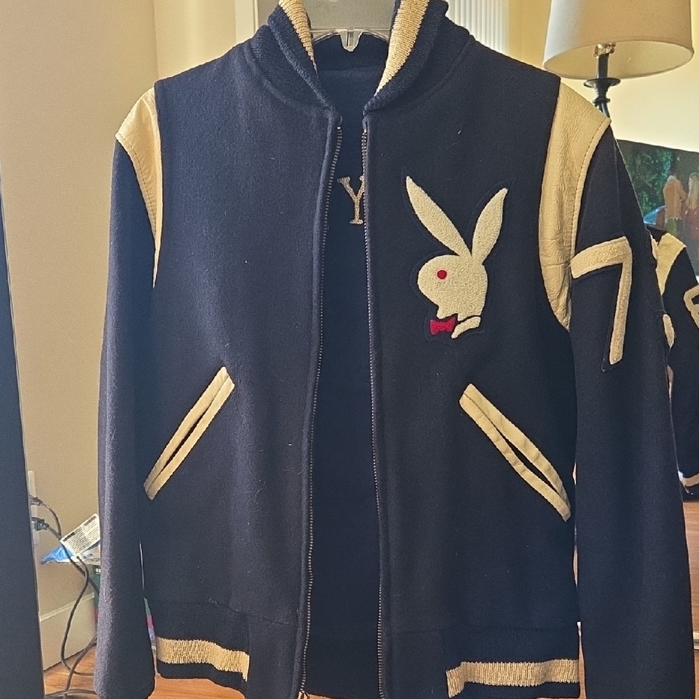 1973 Wool Navy Blue and Cream Playboy Letterman Jacket